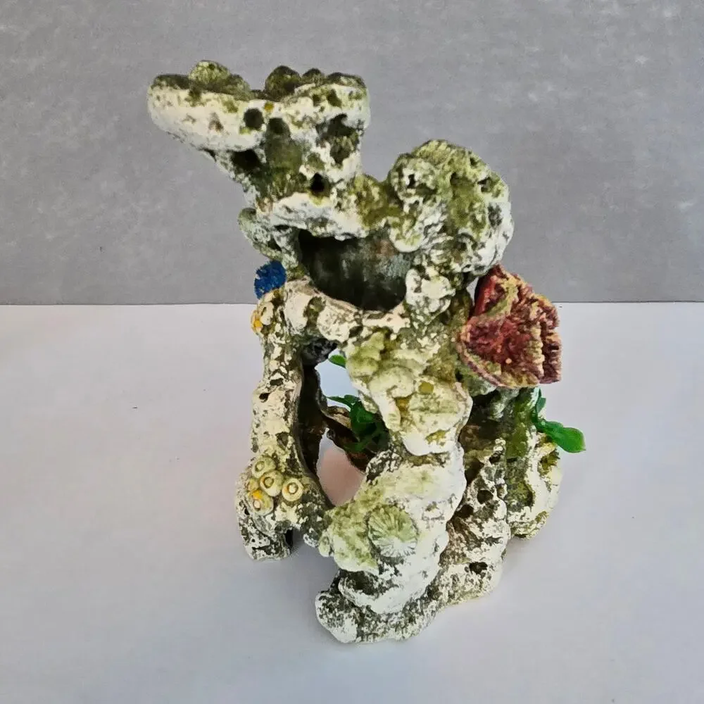 Fish Tank Aquarium Decorations Artificial Plastic Plants 2 Cave Rocks Decor Set